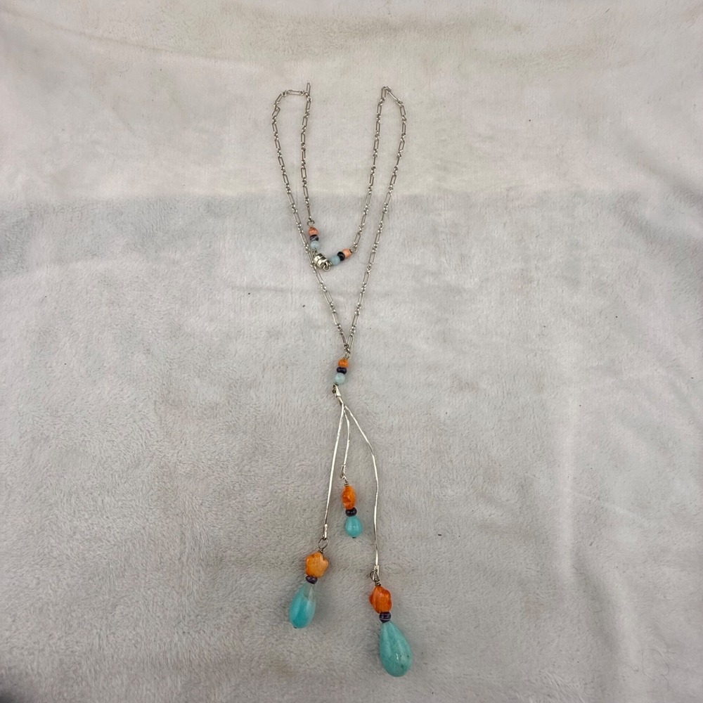 Vintage Estate Tassel Necklace Silver Tone Stone Beaded Western 20in